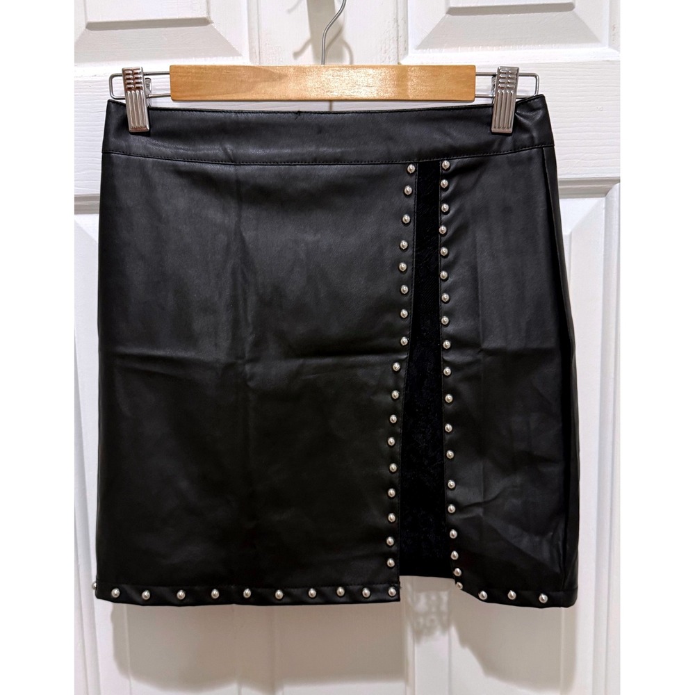 Black Faux Leather Studded Lace Trim Mini Skirt